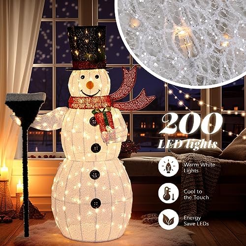 VINGLI 5FT Outdoor Snowman Christmas Decorations, Lighted Outdoor Snowman w/200 LED Lights, Tall Hat, Red Scarf, Zip Ties, Ground Stakes for Indoor, Yard, Outside Xmas Decor