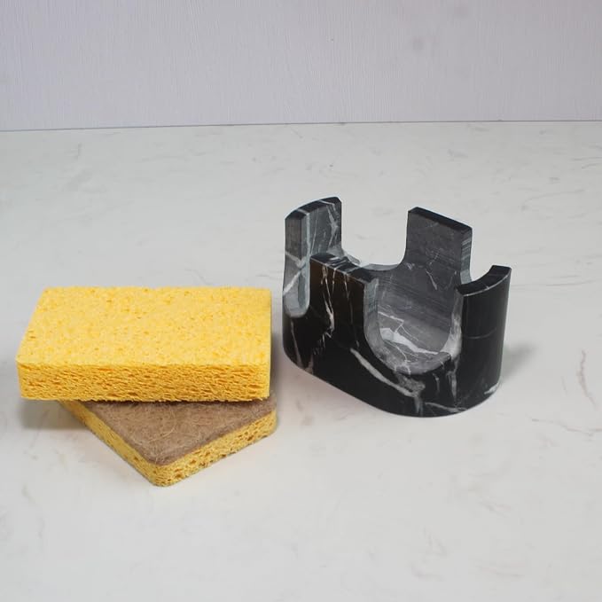 Nawgnail Natural Travertine Marble 2-Slot Sponge Holder for Kitchen Counter, 2-in-1 Stone Drying Rack, Sponge Caddy for Sink Organizer - Nero Portoro Marble