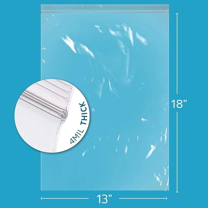 13" x 18" Heavy-duty 2.5 Gallon Zip Bags - 200 Count - Clear Plastic Reclosable Zipper Baggies, 4 Mil Freezer Storage Poly Bags, for Packaging Food, Clothing, Tools & Sharp Objects.