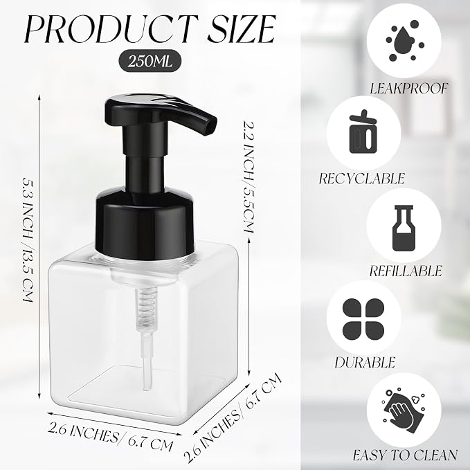 Domensi Foaming Soap Dispenser 8.5 oz Foam Pump Bottle Bulk Empty Travel Foaming Dispenser Refillable Hand Soap Plastic Pump Bottle Travel Clear Container for Bathroom Vanities(12 Pcs,Black)