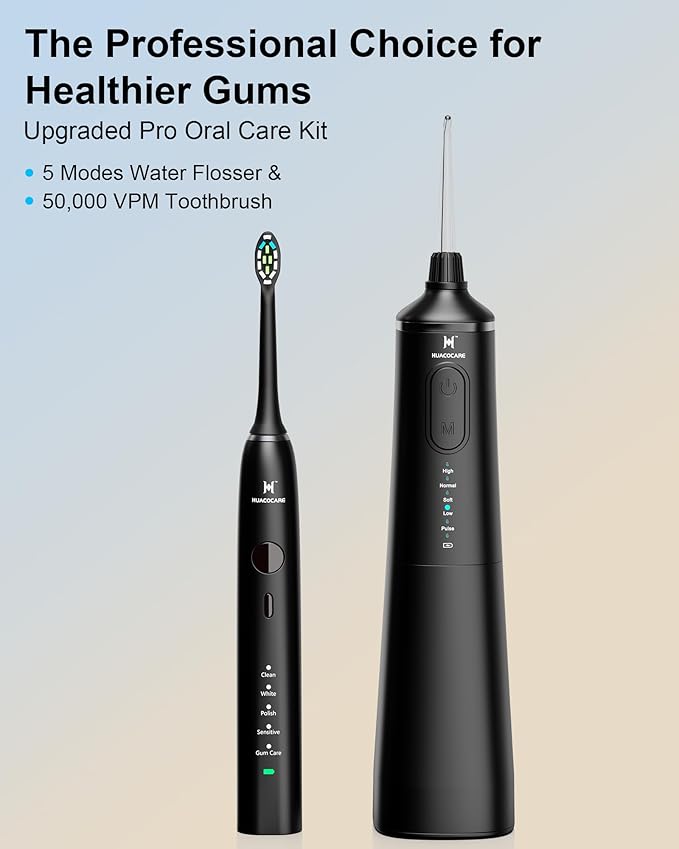 Upgraded Pro Dental Care Kit: 5-Mode Water Flosser & 50,000 VPM Sonic Electric Toothbrush | Premium Oral Clean Set with Enhanced Cleaning Modes, Larger Tank & Refined Design for Advanced Gum Health
