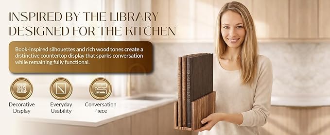 Stella Gene - The Cutting Board Kitchen Trilogy, Decorative 100% Acacia Cutting Board Set, Book-Inspired Wooden Cutting Boards with Stand, 3-Piece Cutting Board Library Style Set, Meat & Cheese Board
