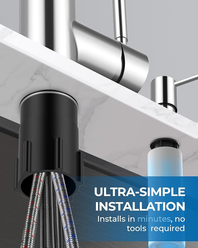 WEWE Kitchen Faucet with Soap Dispenser and Pull Down Sprayer, RV Single Handle Classic 3 Modes Stainless Steel Faucet for Kitchen Sink, RV, Polished Chrome