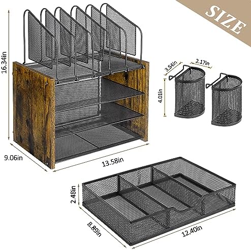 DAOUTIME 4-Tier Mesh Desk Organizer, Wooden Desk File Organizer with 5 Vertical File Holders and 2 Pen Holders, Desktop Organizers and Accessories with Drawer for Home Office