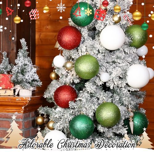 Poen 12 Pcs 6 Inch Large Glitter Christmas Ball Ornament, Red, Green, White