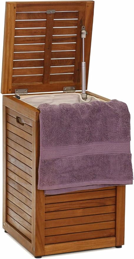 Medium Teak Laundry Hamper, or Indoor Outdoor Storage Bin | Durable, Water-Resistant Teak Construction, Indoor & Outdoor Use