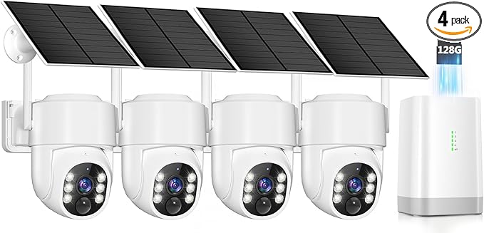4MP Security Cameras Wireless Outdoor,No Subscription 128GB Local Storage,Solar Powered Cameras For Home Security With 360°PTZ,4 Cam-Kit, Color Night Vision Home Security Camera System,5G & 2.4G,IP66