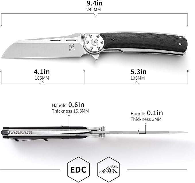 Pocket Knife Folding Knife EDC Knife 9.4in D2 Steel G10 Handle | D2 Steel Blade & G10 Handle: BTFVLY Folding Pocket Knife with sharp blade, durable grip for EDC, camping & outdoor use.