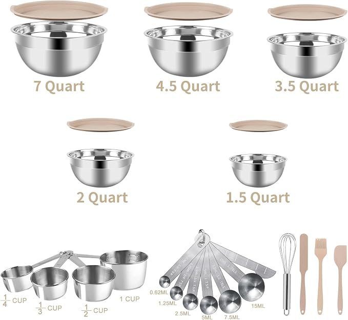 WEPSEN Mixing Bowls Set, 25PCS Khaki Mixing Bowls With Lids Set Stainless Steel Kitchen Large Nesting Metal Bowl 7QT to 1.5QT, Measuring Cups and Spoons for Prepping Cooking Serving