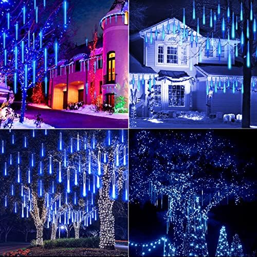 Meteor Shower Lights Outdoor, 16 Inches 16 Tubes 576 LED Icicle Lights, Waterproof Meteor Christmas Light Outdoor, Hanging Falling Rain Light for Tree Bushes Holiday Party Christmas Decor, Blue