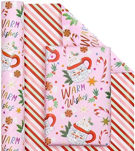 WRAPAHOLIC Reversible Christmas Wrapping Paper - Mini Roll - 17 Inch x 33 Feet - Santa Claus Cup and Stripe Wrapping Paper for Chrsitmas, Holiday, Party Celebration