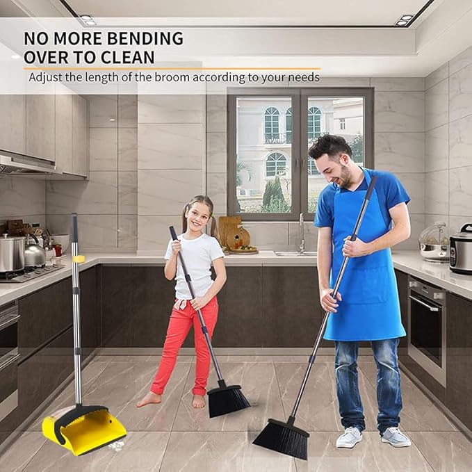 2-Pack is More economical，Brooms with Dustpan Combo Set，with 52" Long Handle, Dustpan Teeth with self-Cleaning Function, Indoor and Outdoor Sweeping, Perfect for Home Office (Large/Yellow /2-Pack)