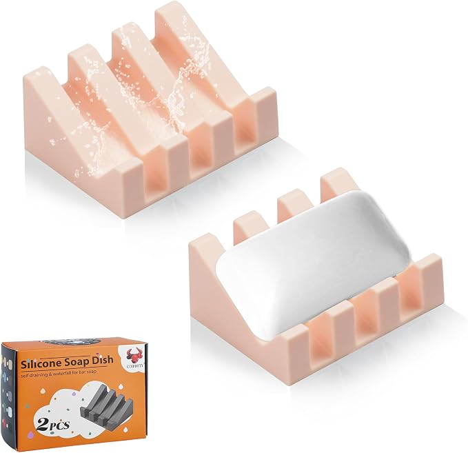 Self Draining Soap Dish Holder,Silicone Soap Dish,for Bathroom,Kitchen, Sponges，Can Extend Soap Life，Keep Soap Bars Dry and Easy Cleaning (Pink,2-Pack)