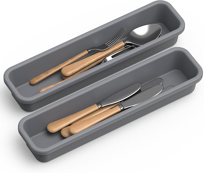 2 Pack Silicone Silverware Drawer Organizer, DIY Free Combination Kitchen Drawer Organizer, Utensil Organizer, Moisture-proof and Heat-resistant up to 200°C, Anti-slip Design (Grey)