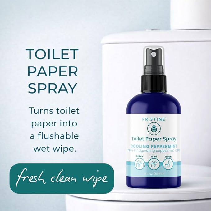 PRISTINE Toilet Paper Spray, As Seen on Shark Tank, Flushable Wipe Alternative, Personal Cleansing Bathroom Spray for Regular Toilet Tissue, Bidet Alternative, Made in USA, Cooling Peppermint, 4oz