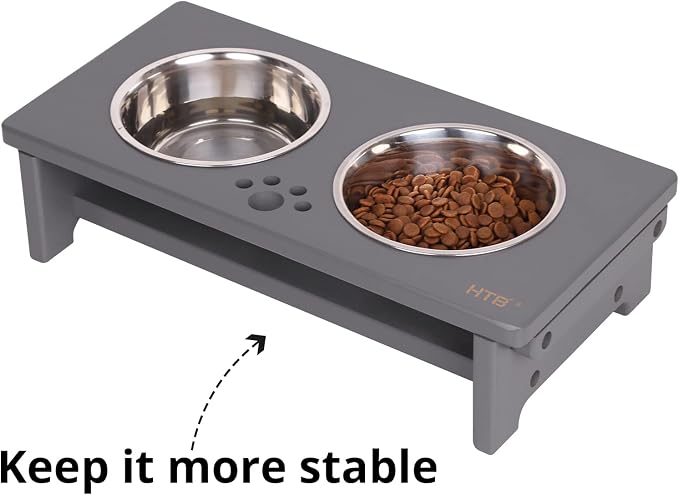HTB Elevated Dog Bowl Stand with 2 Stainless Steel Bowls-4" H Small Grey | Raised Dog Bowl Stand, 4"tall, 21 Oz Bowls, for Small Sized Dogs, Pet-safe, Solid Bamboo