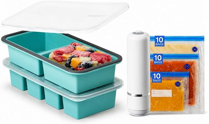 Silicone Freezer Trays Bundle with Vacuum Sealer & 30 Bags | Meal prep bundle, Handheld vacuum sealer, 30 reusable bags, 1-cup & 2-cup silicone freezer trays, Stackable alloy frame