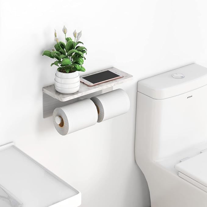 Brushed Nickel Toilet Paper Holder with Shelf, New Upgrade Double Toilet Paper Holder with Storage, Marble Roll Toilet Paper Wall Mount for Bathroom Washroom