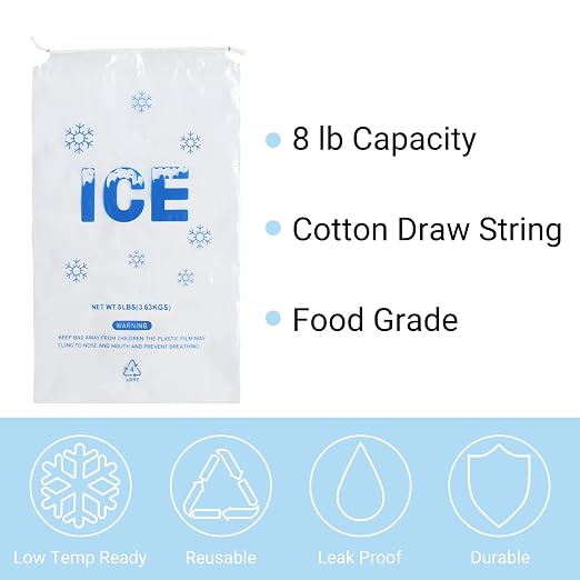100 PACK 8 lb. Plastic Ice Bags with Cotton Draw String 11 x 19 Inch Heavy-Duty Plastic Ice Storage Bags with Draw String (2mil Thickness) | Heavy-Duty Plastic Ice Storage Bags with Draw String (2mil Thickness)