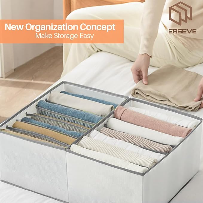 EASEVE 4 Pack Wardrobe Closet Organizer and Storage for Clothes - 7 Grids Foldable Drawer Dividers Organizers for Jeans | Pants | Shirts | Leggings, Stackable Clothing Bins for Closets Organization