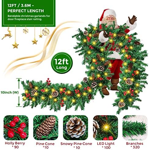 Christmas Garland, 12FT Prelit Christmas Garland with 100 LED Lights, Greenery Xmas Garland with 20 Pine Cones 90 Red Berry Christmas Decoration for Indoor Outdoor Home Mantel Fireplace