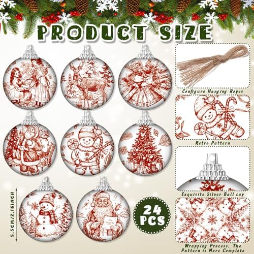 Outus 16pcs Red Toile De Jouy Santa Snowman Christmas Ball Tree Ornaments