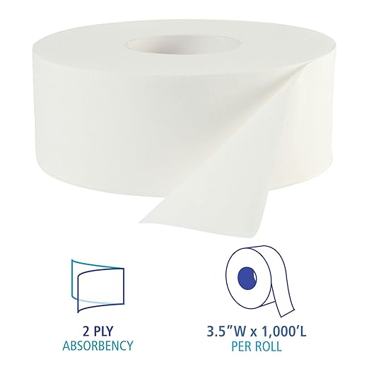 Boardwalk BWK6100 JRT Bath Tissue, Jumbo, 2-Ply, White, 1000 ft/Roll (Case of 12 Rolls)