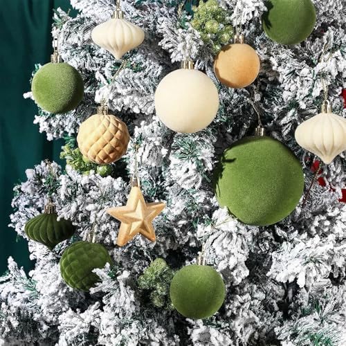 Hollowfly 95 PCS Velvet Christmas Tree Decor Set, Green, Brown, Beige