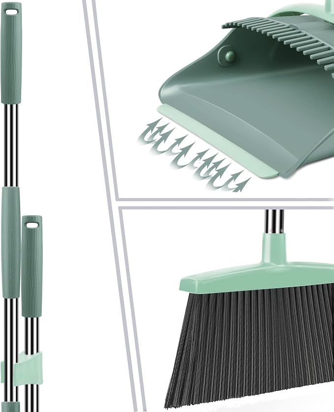 Ivandar Broom and Dustpan Set for Home, Dust pan with Long Handle, Broom with Dustpan Combo Set, for Home Kitchen Room Office Lobby Floor Use Upright Stand Up Sweeping (Gray&Green)