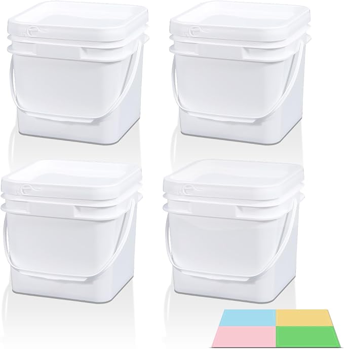 Bucket with Lid - 4 Packs Square Plastic Storage Containers, Food Safe with Handle, Airtight Pressure Lids for Kitchen & Home (White, 0.8 gal)