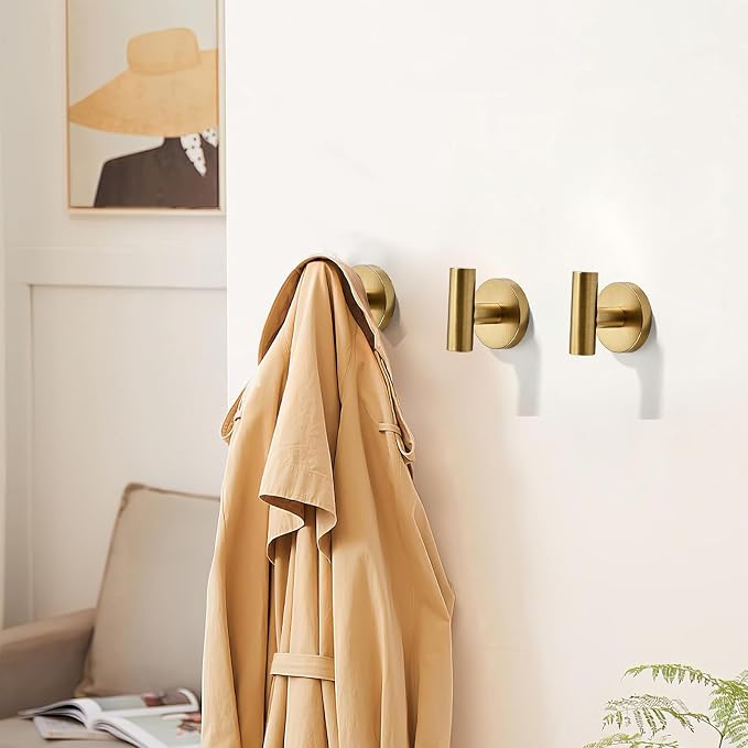 Wall Mounted Bathroom Towel Hooks for Hanging Clothes,Hat,3 Pack Vibrant Brushed Moderne Brass Coat Hook Robe Hooks.Suitable for Hotels and bathrooms.