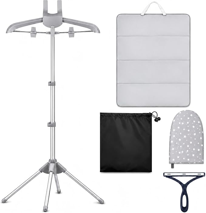 Foldable Garment Steamer Hanger Stand with Ironing Gloves, Adjustable Steamer Rack Included Lint Remover & Storage Bag, 2 Clips&Portable Ironing Board for Suits Shirts Coats Portable Travel Home Use