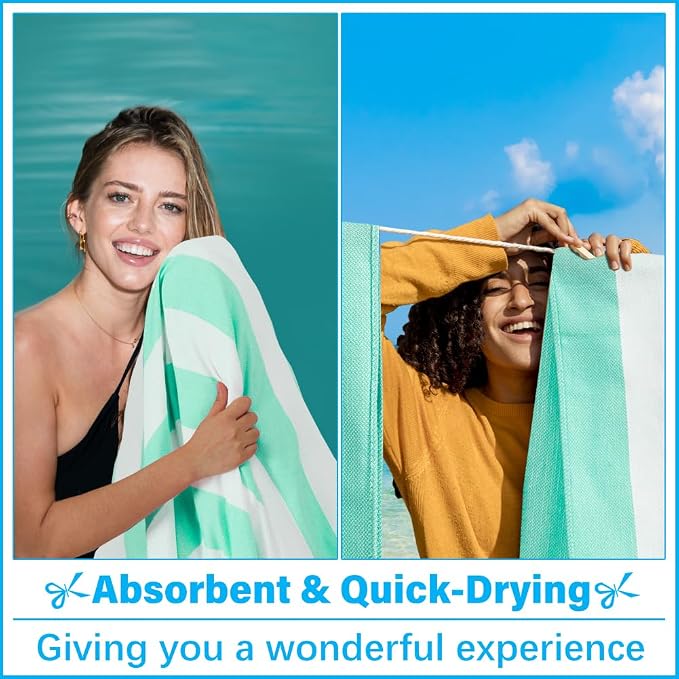 Vikumond Turkish Beach Towel Blanket Oversized 88x82 Inch Quick Dry Aqua | Lightweight Compact Portable Sand Free Absorbent Boho Woven Throw for Pool Swimming Picnic Camping Cruise Outdoor Essentials