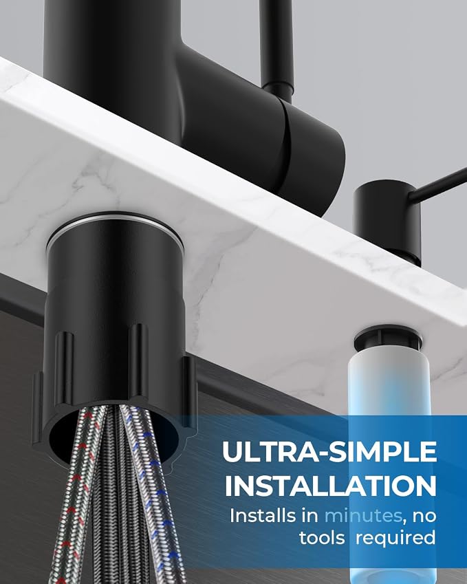 WEWE Kitchen Faucet with Pull Down Sprayer and Soap Dispenser, Matte Black High Arc Single Handle Stainless Steel Sink Faucet, Suitable for Farmhouse, RV & Laundry