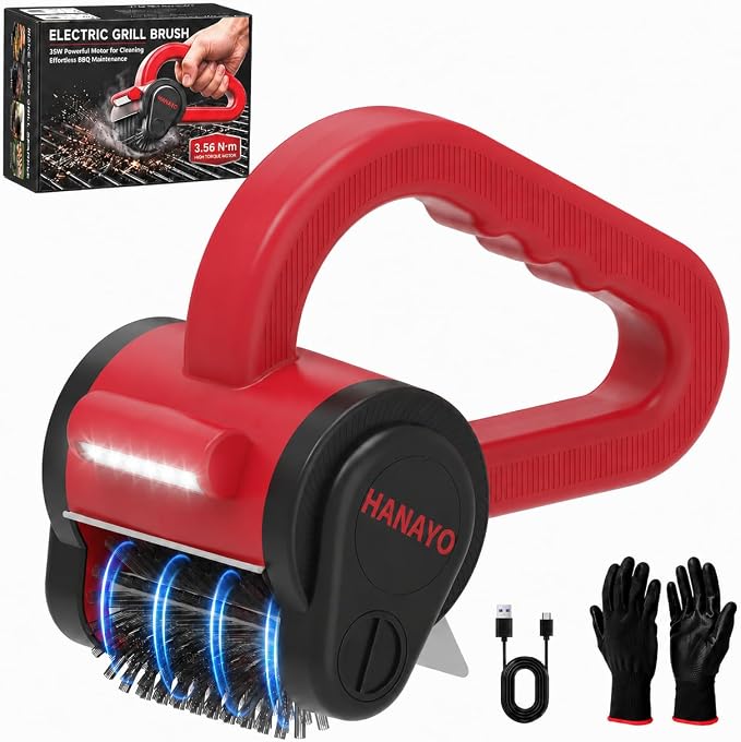 Electric Grill Brush, Rechargeable BBQ Grill Brush with High-Torque Motor, LED Light, Dishwasher-Safe Stainless Steel Rotary Brush Head,150 Mins Runtime Grill Brush for Outdoor Grill