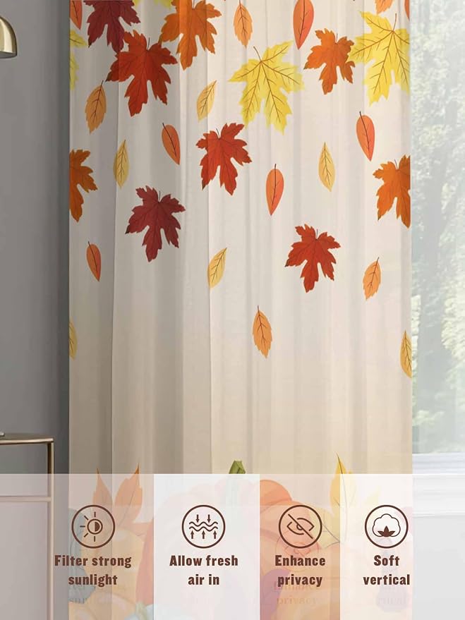 Thanksgiving Fall Chiffon Semi-Sheer Curtain 108 Inch,Autumn Pumpkins Maple Leaves Rod Pocket Voile Window Curtain Panels,Orange Watercolor Tulle Curtains Drape for Living Room/Sliding Door, 104"x108"