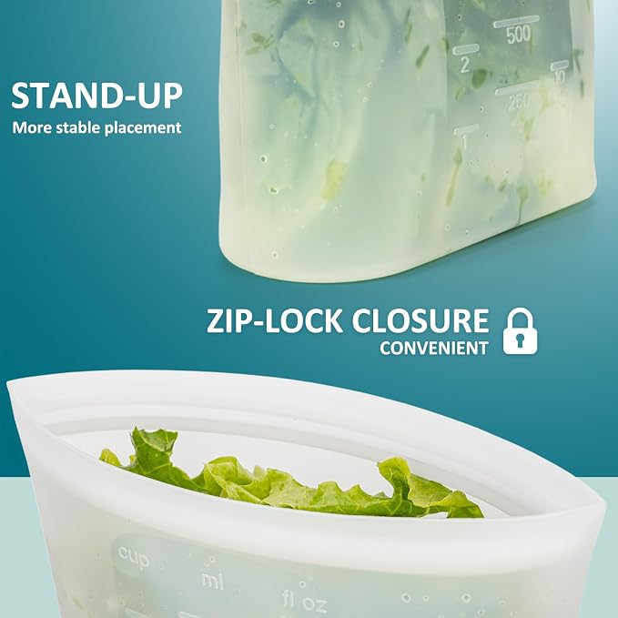8-Pack Reusable Silicone Food Storage Bags, 100% Silicone Stand-Up Wide-Open Zip-Lock Reusable Storage Bags for Food, Freezer Microwave Oven Dishwasher Safe, Translucent, 4S 4XS