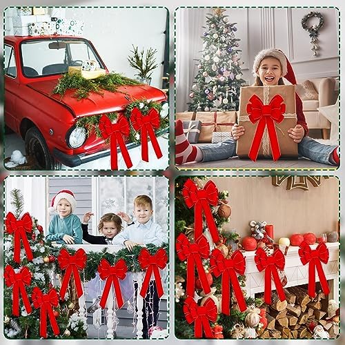 Lenwen 12 Pcs Large Christmas Velvet Bows Xmas Tree Topper,Red
