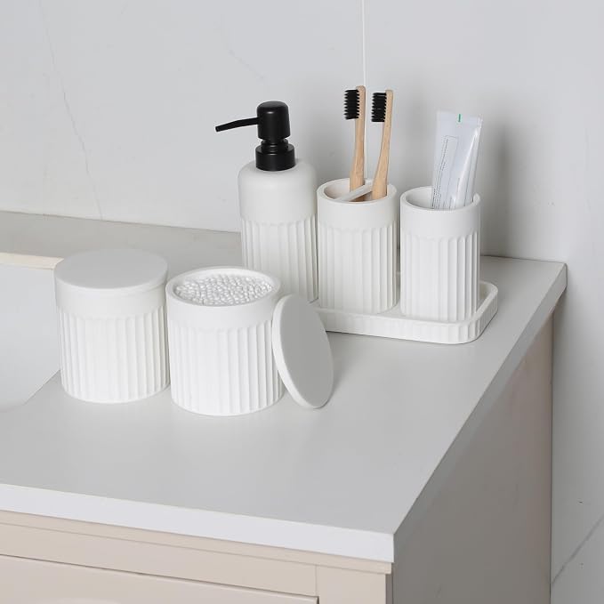 INIUNIK Bathroom Accessory Set - 6 Pieces Bathroom Accessories Set Complete with Soap Dispenser, Toothbrush Holders, Tumbler, Vanity Tray and 2 Qtip Holder for Home Organizer and Decor, White