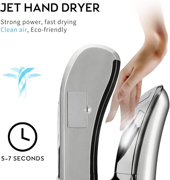 HEPA Filtered Vertical Hand Dryer 1800W Dual Blade Air Commercial Hand Dryers for Bathrooms Automatic High-Speed Jet Flow Wall Mounted Silver