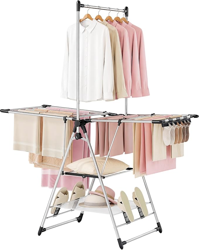 APEXCHASER Clothes Drying Rack with High Hanger, Foldable 3-Level Drying Racks with Shoe Rack, Crossbar and Vertical Rod Laundry Stand with Adjustable Wings Silver