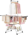 APEXCHASER Clothes Drying Rack with High Hanger, Foldable 3-Level Drying Racks with Shoe Rack, Crossbar and Vertical Rod Laundry Stand with Adjustable Wings Silver