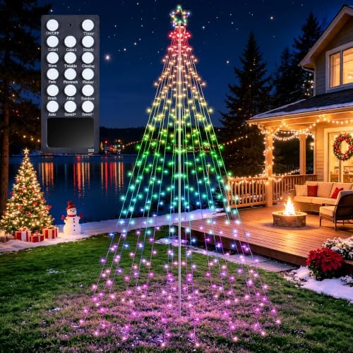 10 FT Outdoor Christmas Tree Lights, 408 RGB LEDs with Star, Pole & Remote