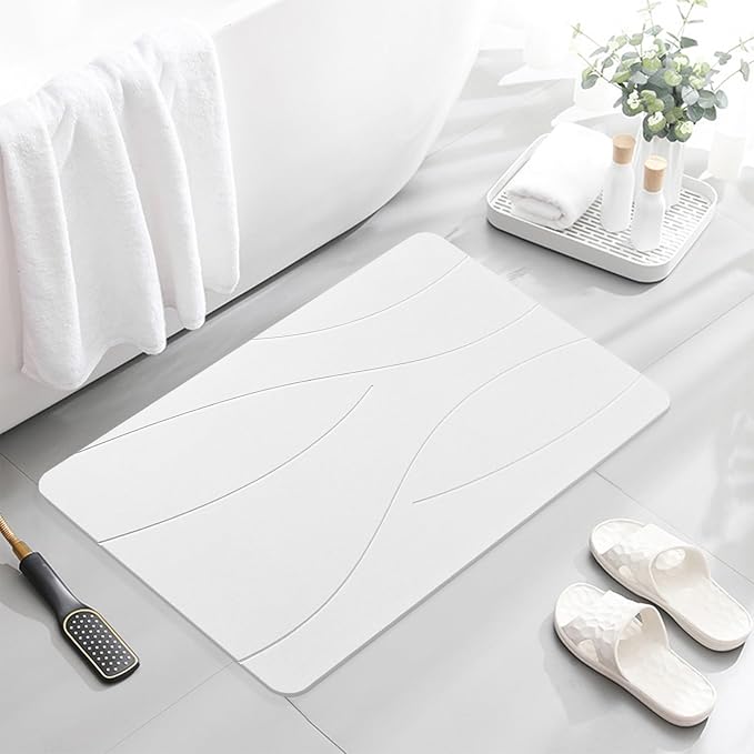 32"x20" Stone Bath Mat, Diatomaceous Earth Shower Mat, Non-Slip Super Absorbent Quick Drying Bathroom Floor Mat, Natural, Easy to Clean (Milky White)