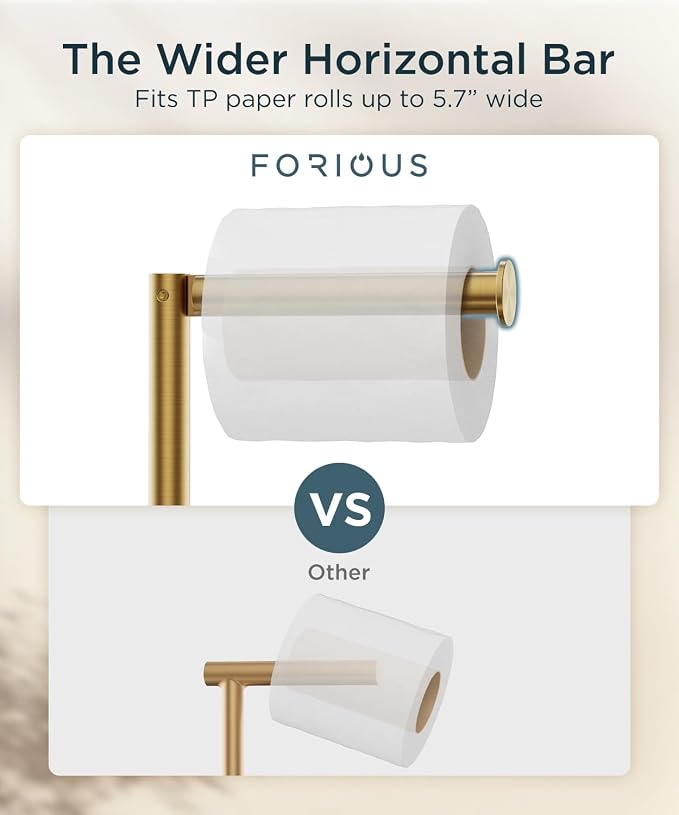 FORIOUS Toilet Paper Holder Stand, Modern Free Standing Tissue Roll Holder for Bathroom, Durable SUS 304 Stainless Steel and Weighted Base, Storage for 4 Rolls (Matte Black & Brushed Gold, 23.2" H)