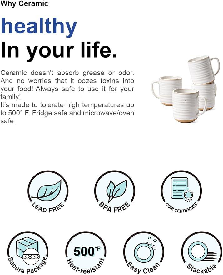 LE TAUCI Coffee Mugs 12 oz, Ceramic Coffee Cups for Latte, Hot Tea, Cappuccino, Mocha, Cocoa, Housewarming Wedding Present Mug Set - Set of 4, Arctic White