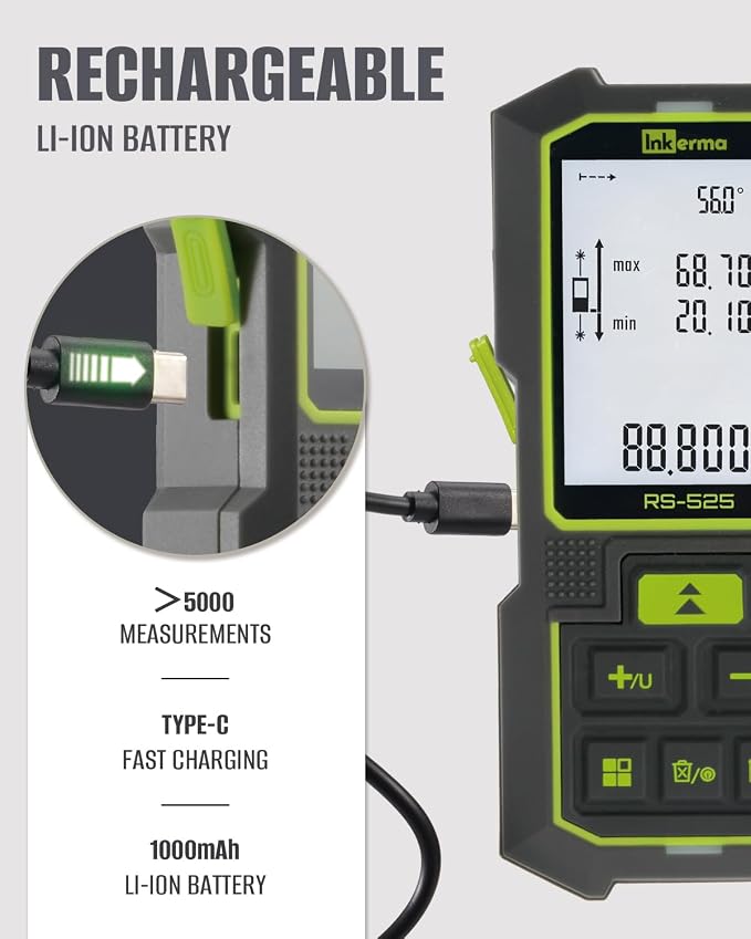 Inkerma Dual Laser Measurement Tool, 525Ft/160M Bilateral Laser Distance Meter, Rechargeable Laser Measure with Ft/in/M Multiple Units, Angle Sensor, Pythagorean Mode, Area and Volume