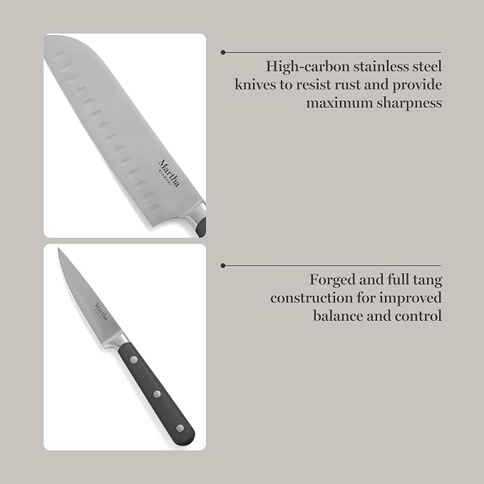 MARTHA STEWART Eastwalk 14 Piece High Carbon Stainless Steel Cutlery Knife Block Set w/ABS Triple Riveted Forged Handle Acacia Wood Block - Gray