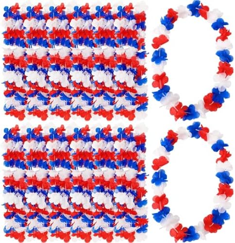 JUNEBRUSHS 24Pcs Patriotic Red White and Blue Leis 4th of July Accessories