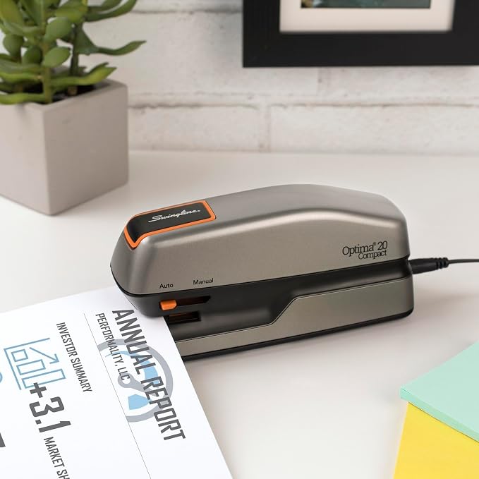 Swingline Electric Stapler, 20 Sheet Capacity, Optima 20, Jam Free, Compact, Automatic or Manual, Plug In or Battery, Orange and Gray (48207)